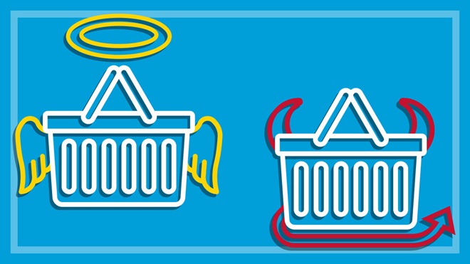 graphic of good and bad shopping basket icons